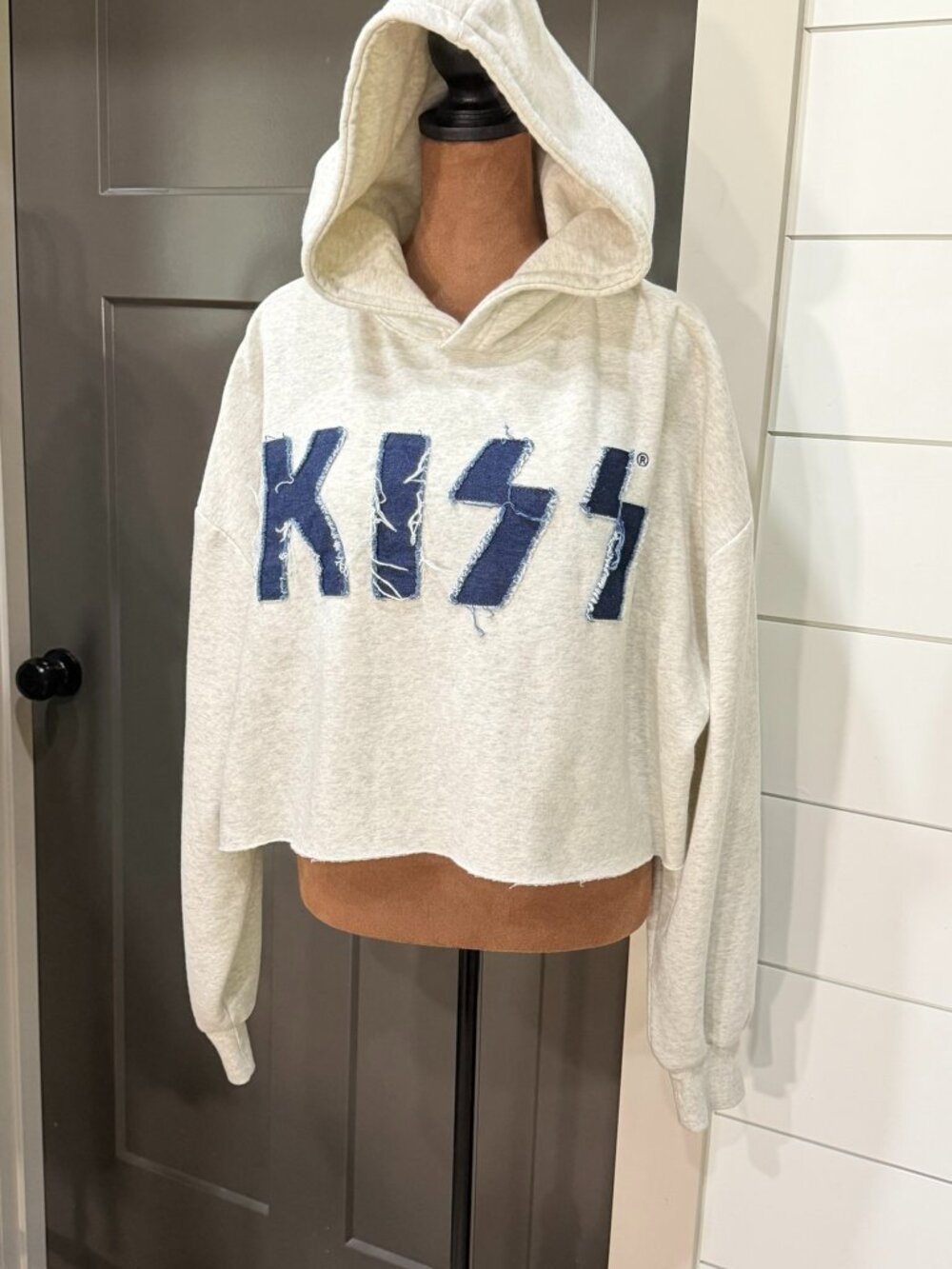 KISS Crop Hoodie — Buckle Exclusive — Gray w/ Denim Letters — Like New